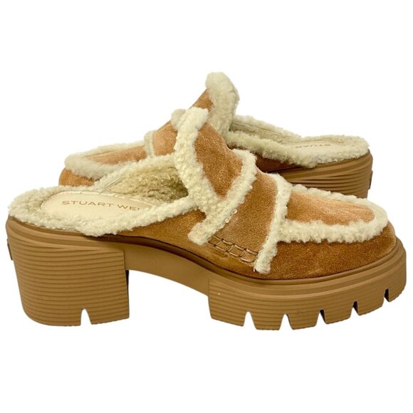 Stuart Weitzman Lennox Shearling Suede Mules New Camel US Size 6.5 B 30MM - Picture 8 of 11